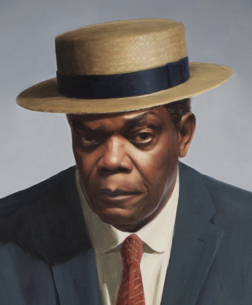 DPMacMahon's tweet photo. A portrait I painted of Samuel L Jackson associated to the recent Warburtons ad, as a figure of the 1920’s. https://t.co/qIEsYb6Rjo