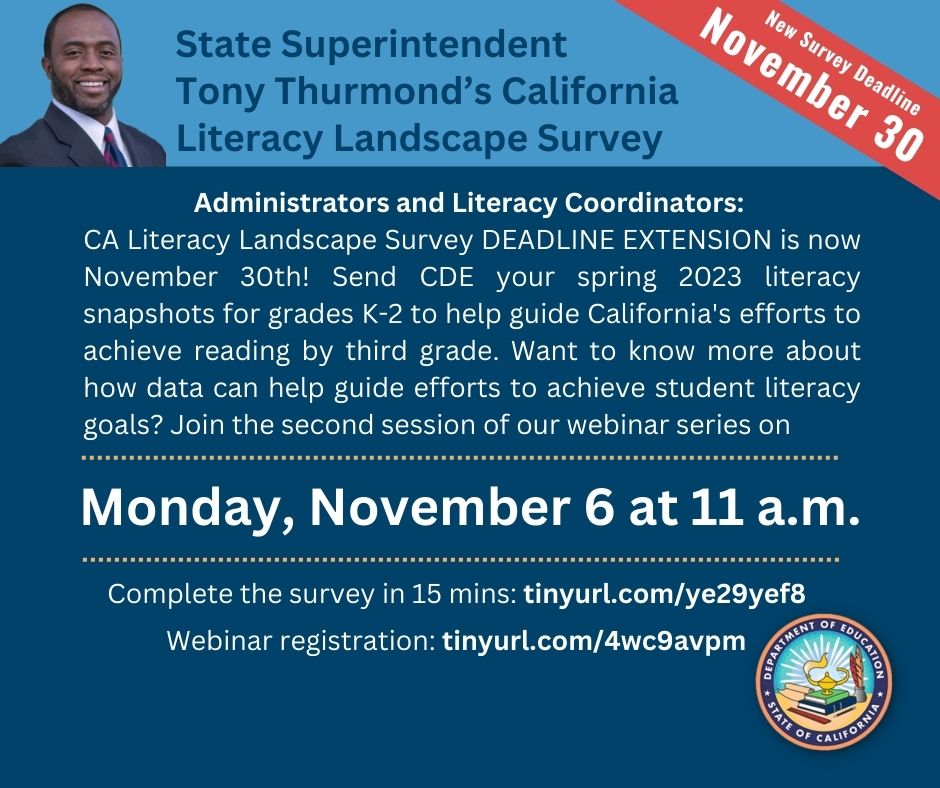 The CDE’s CA Literacy Landscape Survey deadline has been extended to Nov. 30. LEAs can send spring 2023 literacy snapshots for kindergarten through grade 2 to the CDE at tinyurl.com/ye29yef8.