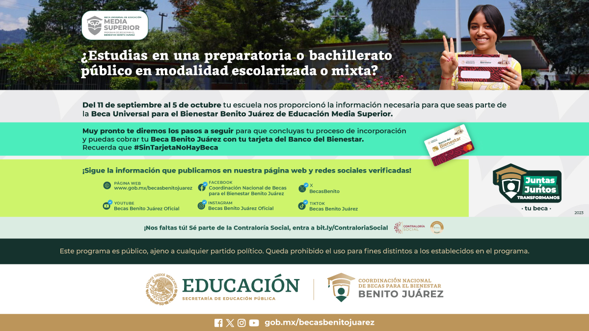 #MediaSuperior, ¡te tenemos una buena noticia!🫰

Si acabas de entrar a una preparatoria o bachillerato público en modalidad ESCOLARIZADA o MIXTA... 

¡Pronto te diremos qué hacer concluir tu incorporación y cobrar por primera vez tu #BecaBenitoJuárez! 😎

#SinTarjetaNoHayBeca 💳