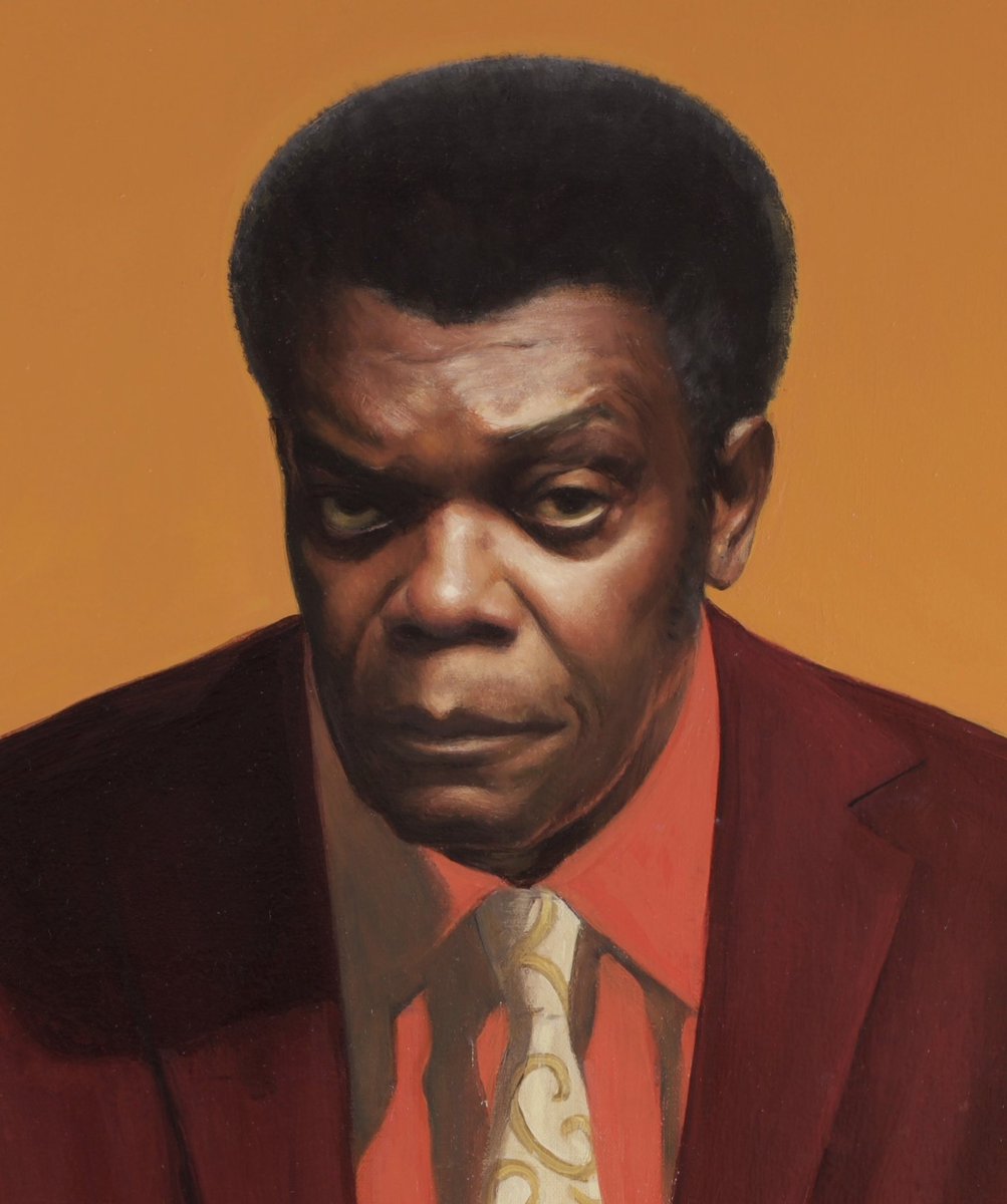 DPMacMahon's tweet photo. A portrait I painted of Samuel L Jackson associated to the recent Warburtons ad, as a figure of the 1960’s. https://t.co/Mmpa9T5R89