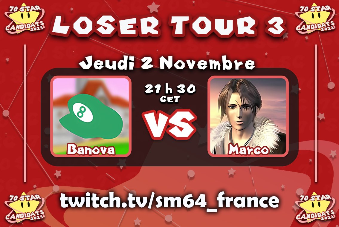 sm64_france's tweet photo. Bonsoir, ce soir se jouent le Loser Tour 3 et la Winner Finale !!
Loser Tour 3 :
@banova82840 VS @Marco8641 à 21 h 30 CET
Winner Finale :
@Cysse06 VS PKT Distinct à 23 h 55 CET
-> https://t.co/ikT2PRHjiz <-
La fin du tournoi approche à grands pas 🫡
#70SC #70SC2023 https://t.co/VmxvvDFrE1