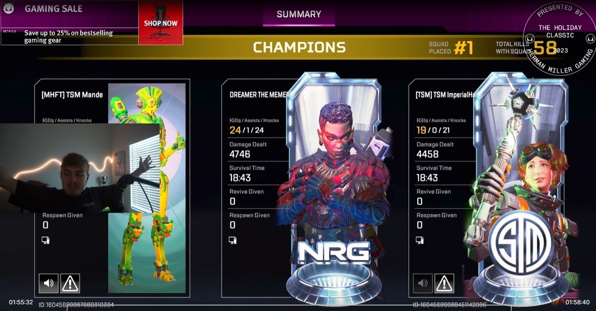 sweetdreams's tweet photo. WORLD RECORD 58 KILLS IN A PUBLIC MATCH THE MOST INSANE GAMING TEAM EVERY ASSEMBLED HAS CONQURED THE IMPOSSIBLE IN @PlayApex 

@ImperialHal @MandeOW @HMGaming https://t.co/GBZFrAeISE