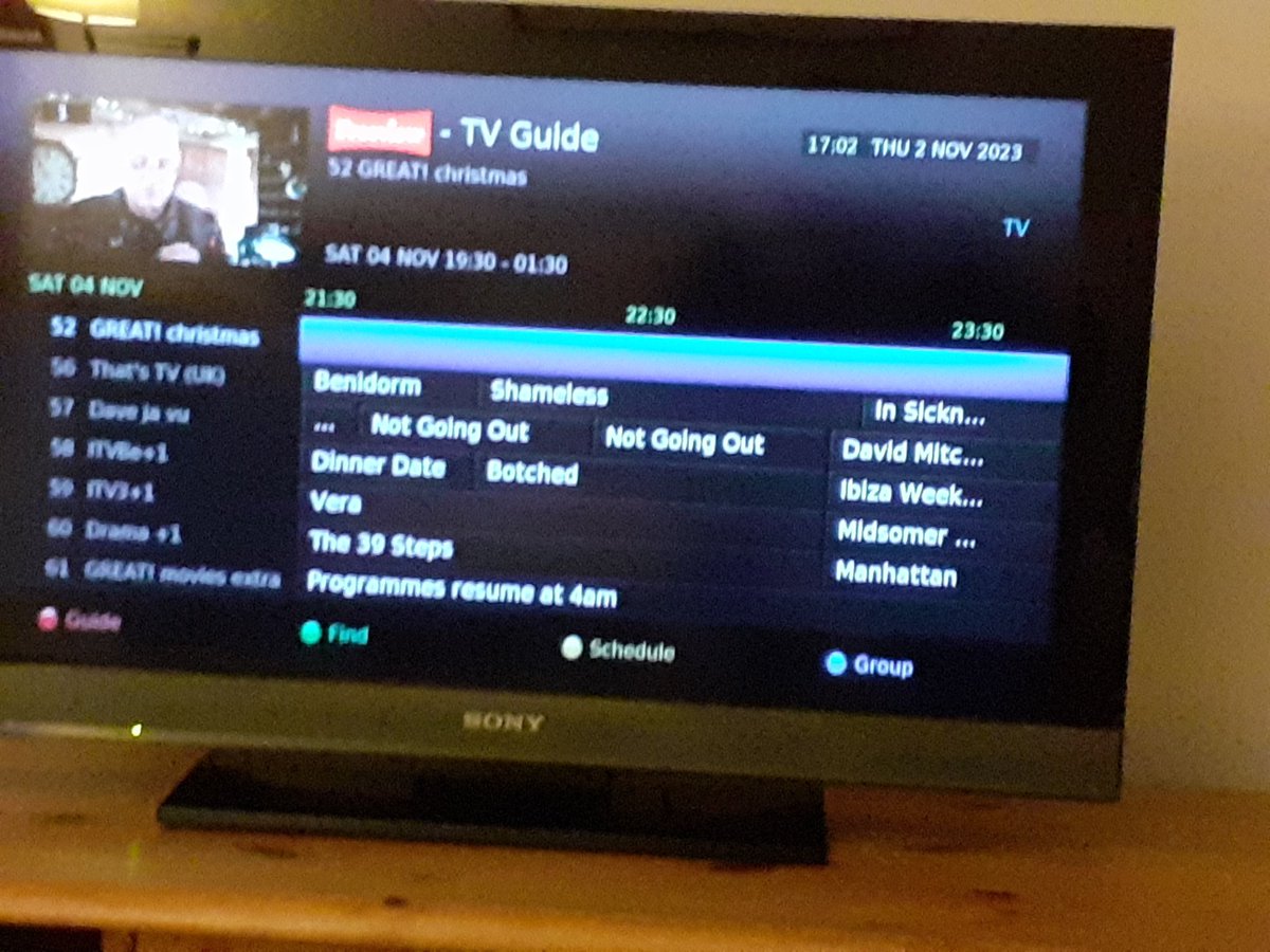 ZH956's tweet image. Anyone else got blanks instead of schedules on their #Freeview tv guide?
I can't get any scheduled for Great Movies, 34, or Great Christmas, 52 after midnight this Friday. I've tried retuning to no avail (and had to reset all my recordings 😫)
Any ideas @FreeviewAdvice? Thx