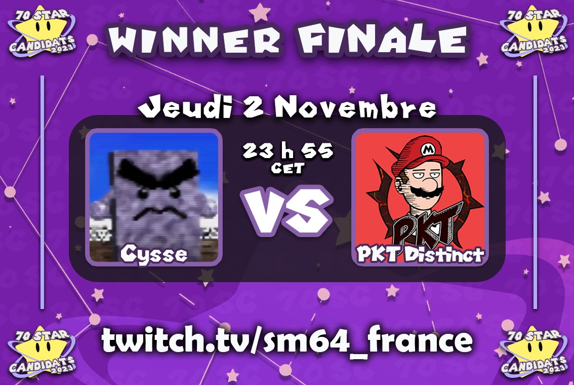 sm64_france's tweet photo. Bonsoir, ce soir se jouent le Loser Tour 3 et la Winner Finale !!
Loser Tour 3 :
@banova82840 VS @Marco8641 à 21 h 30 CET
Winner Finale :
@Cysse06 VS PKT Distinct à 23 h 55 CET
-> https://t.co/ikT2PRHjiz <-
La fin du tournoi approche à grands pas 🫡
#70SC #70SC2023 https://t.co/VmxvvDFrE1