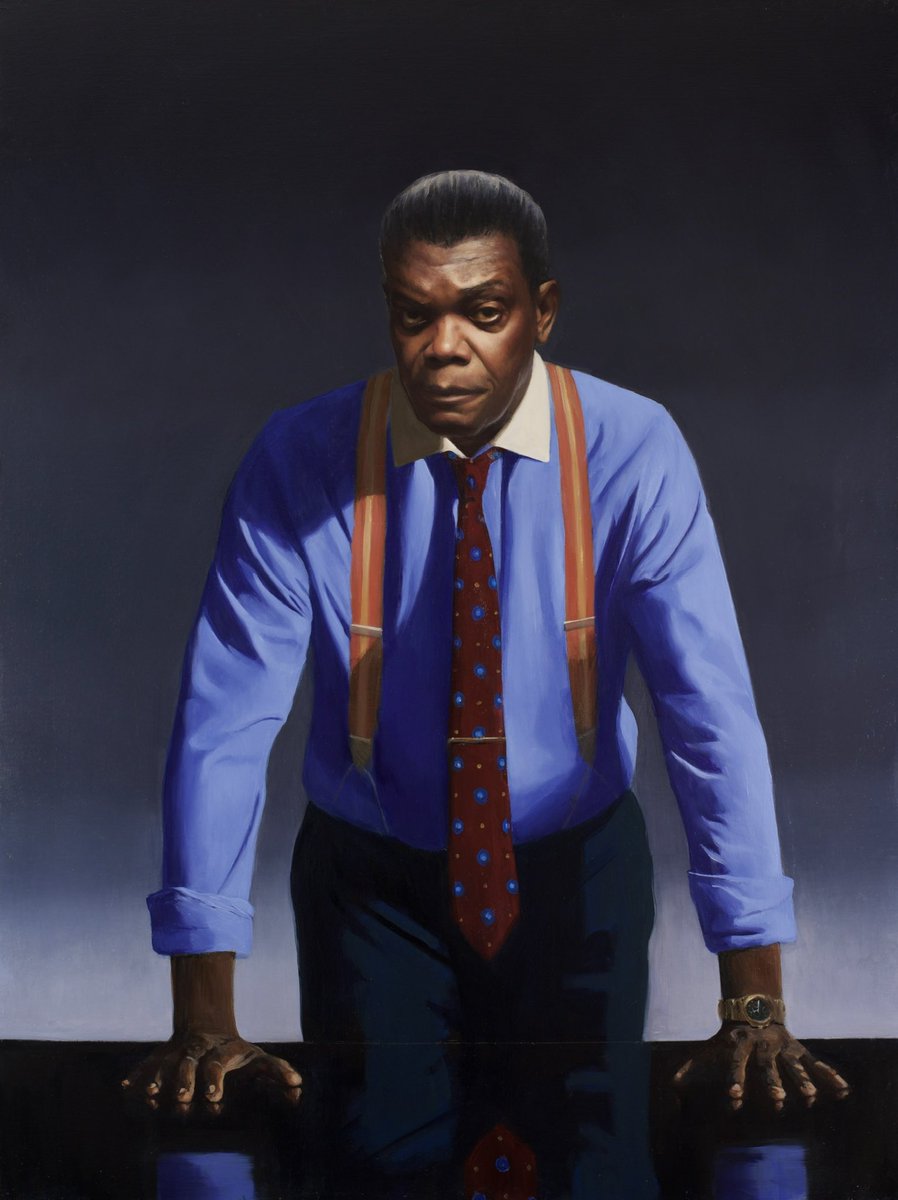 DPMacMahon's tweet photo. A portrait I painted of Samuel L Jackson associated to the recent Warburtons ad, as a figure of the 1980’s. https://t.co/MIUApm4Q2m