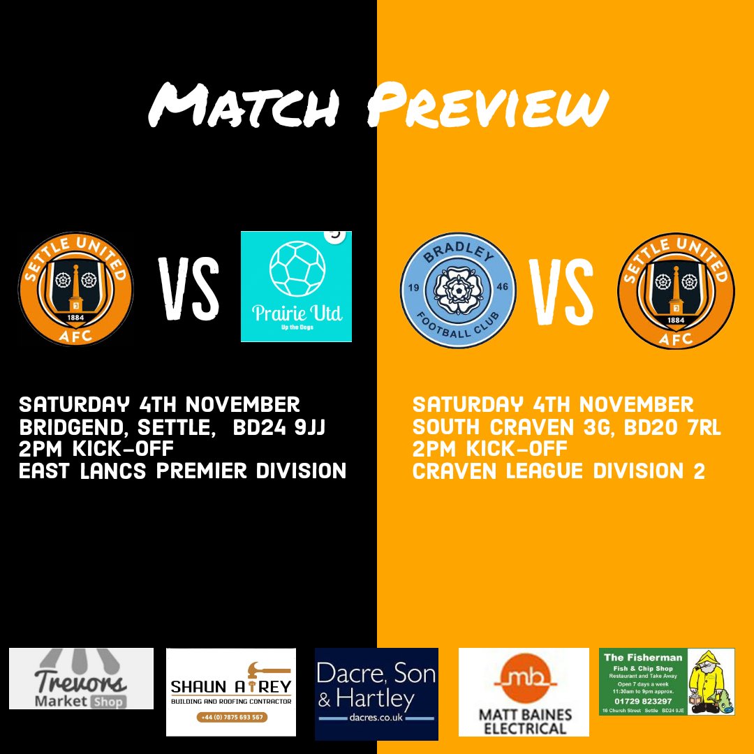 🔸️Match Preview - 04.11.23🔸️

⚫🟠 1st team welcome Prairie Utd to Bridgend.

⚫🟠 Reserves travel to Bradley FC.

#SUAFC #united