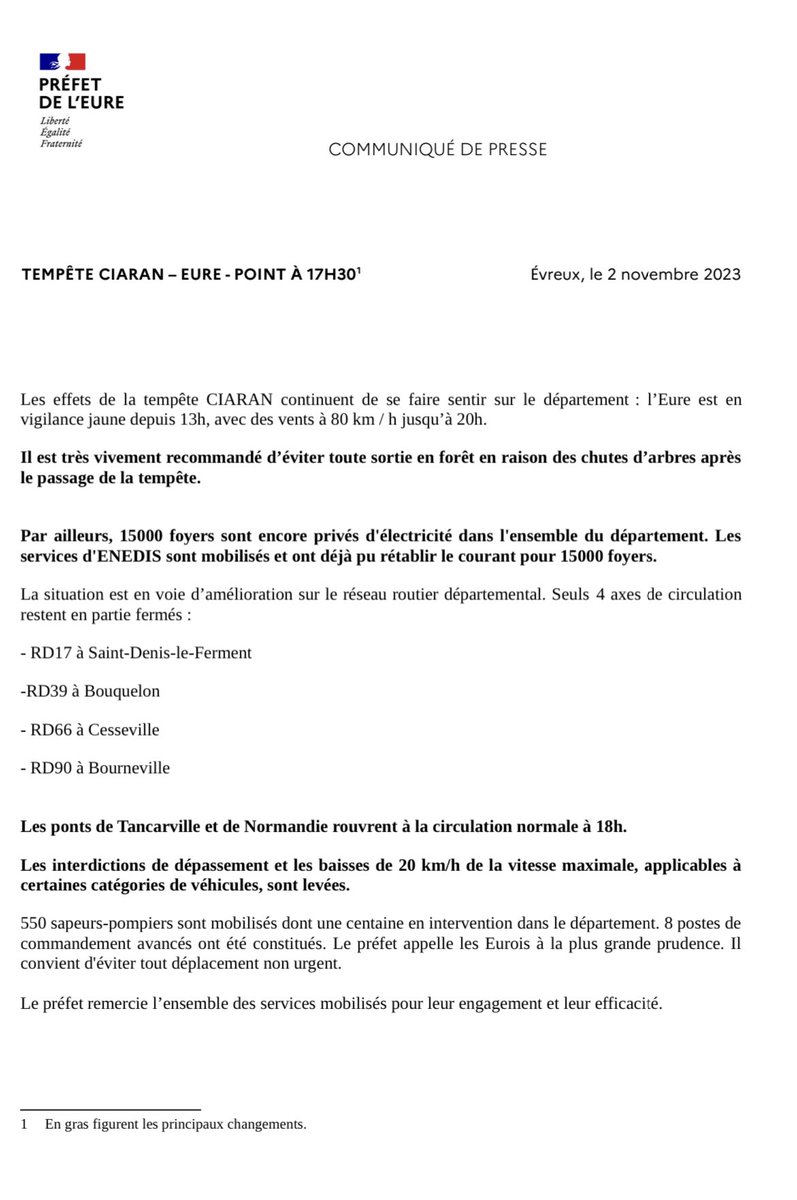 ⚠️Tempête #Ciaran . Le département de l’#Eure est en vigilance 🟡 jaune depuis 13h et jusqu’à 20h.