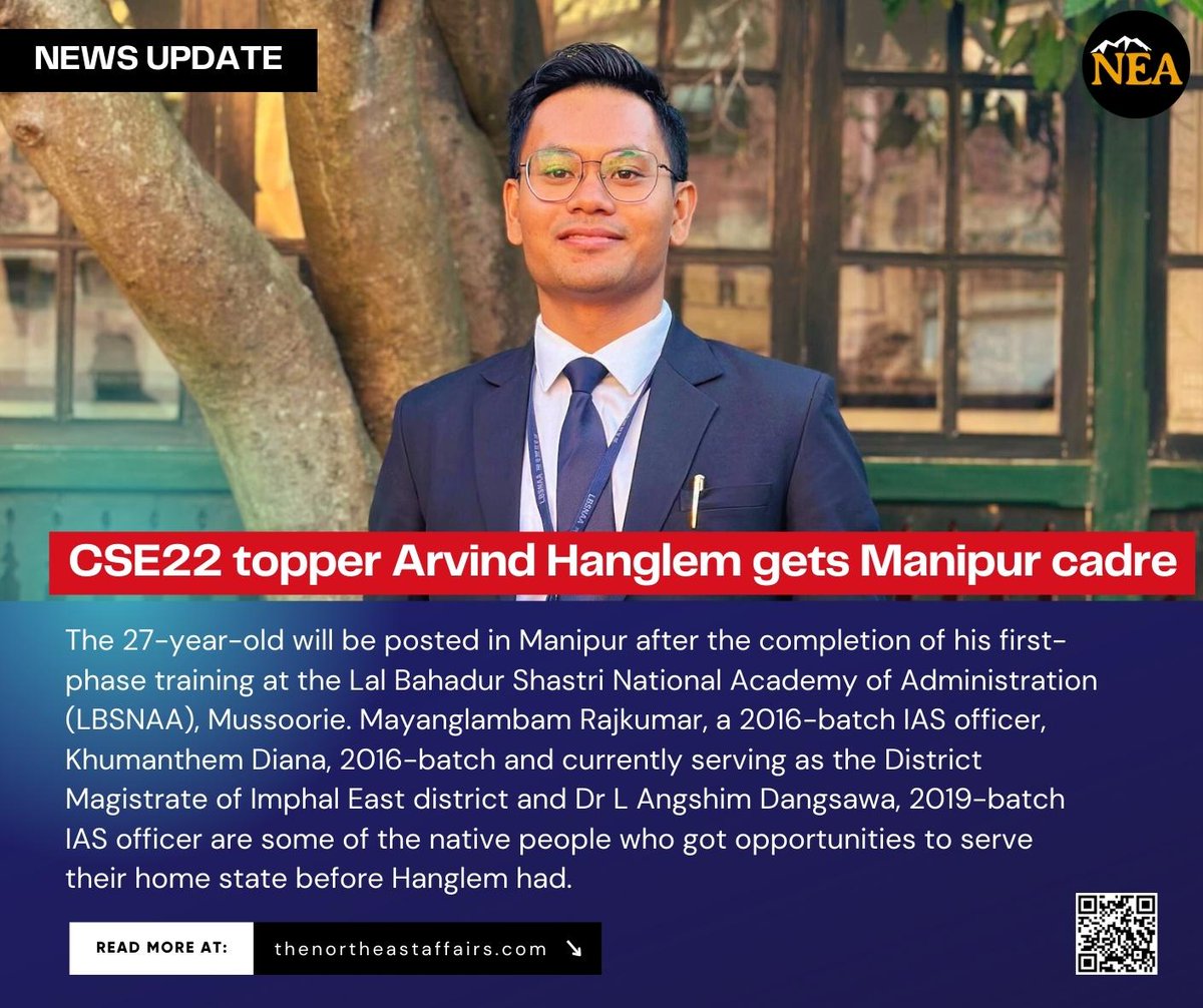#BREAKING #Manipur #Yaiphare #ThisIsManipur 
Civil Service Examination (CSE)-2022 topper Arvind Hanglem, a native of Singjamei, Imphal West, has been allotted Manipur cadre.

The 27-year-old will be posted in Manipur after the completion of his first-phase training at the Lal