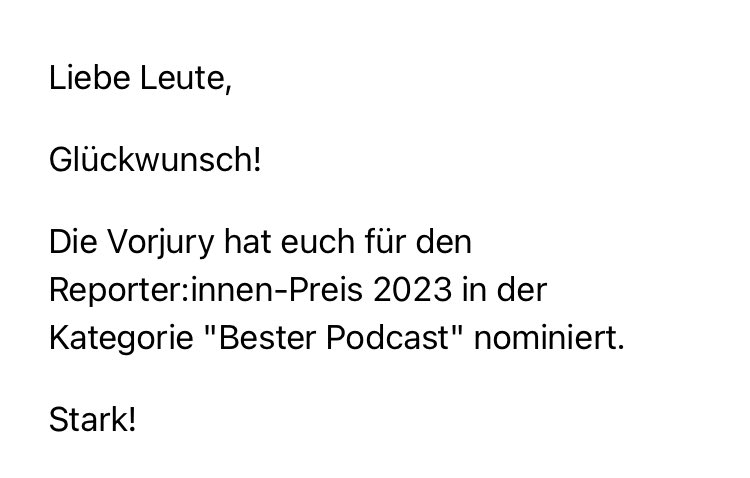 Juhuuuu! “Boys Club” ist neben so vielen anderen tollen Podcasts und Journalist:innen als “Bester Podcast” für den #reporterinnenpreis23 nominiert. <a href="/stenderap/">Pia Stendera</a> <a href="/dr_oemer/">Robin Droemer</a> <a href="/pennymaybe/">Emily Ulbricht</a> <a href="/TRZ_Media/">trzmedia</a>