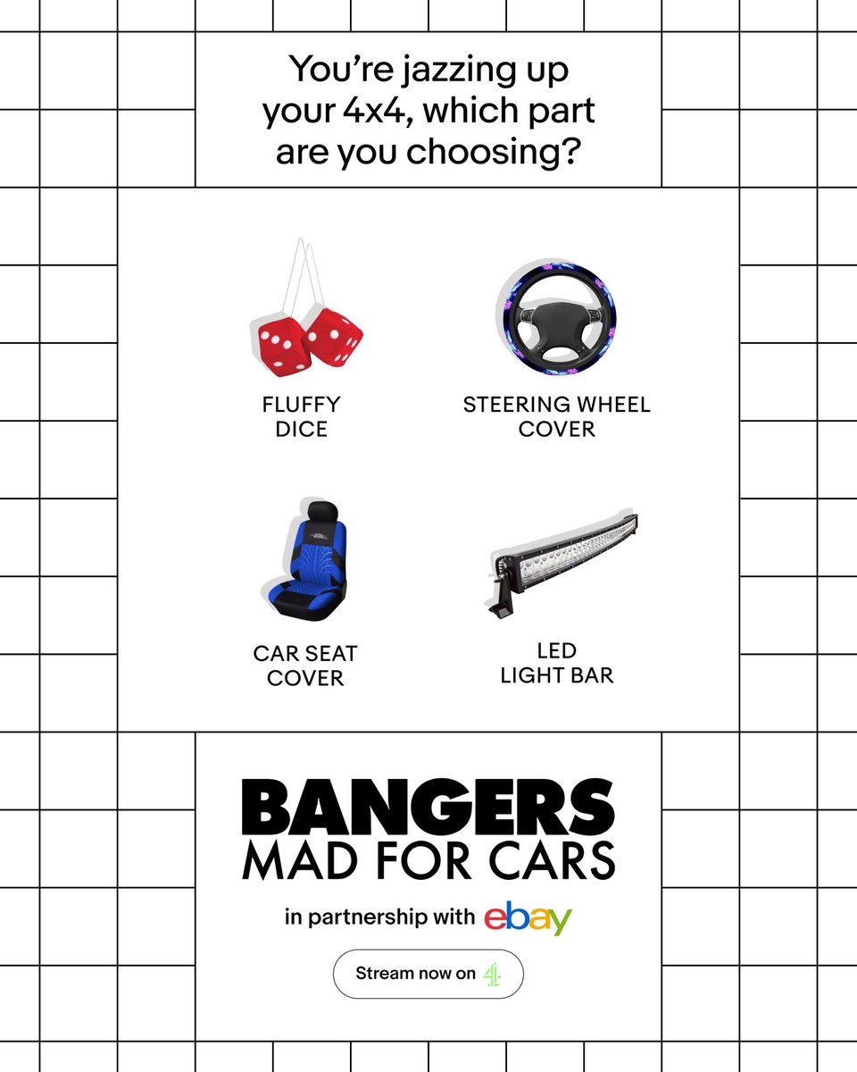 Your customising your new 4x4 car ⚡️ Which part are you choosing? For more customisation inspo, watch Bangers: Mad For Cars on @channel4 now with car parts from @ebay_uk #MadForCars