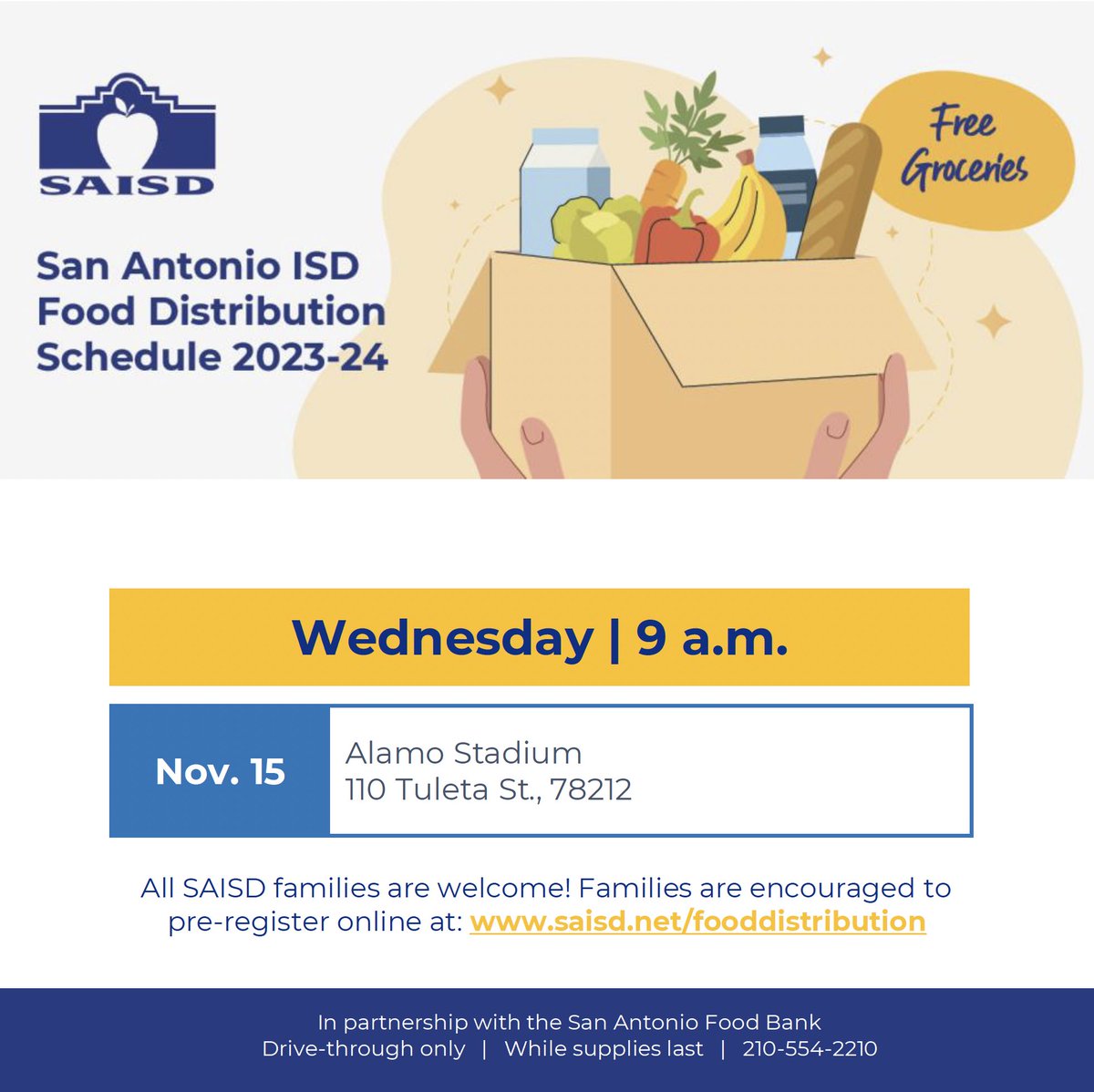 <a href="/saisd/">San Antonio ISD</a> hosting a food distribution on 11/15. If you know families in need, please let them know.
