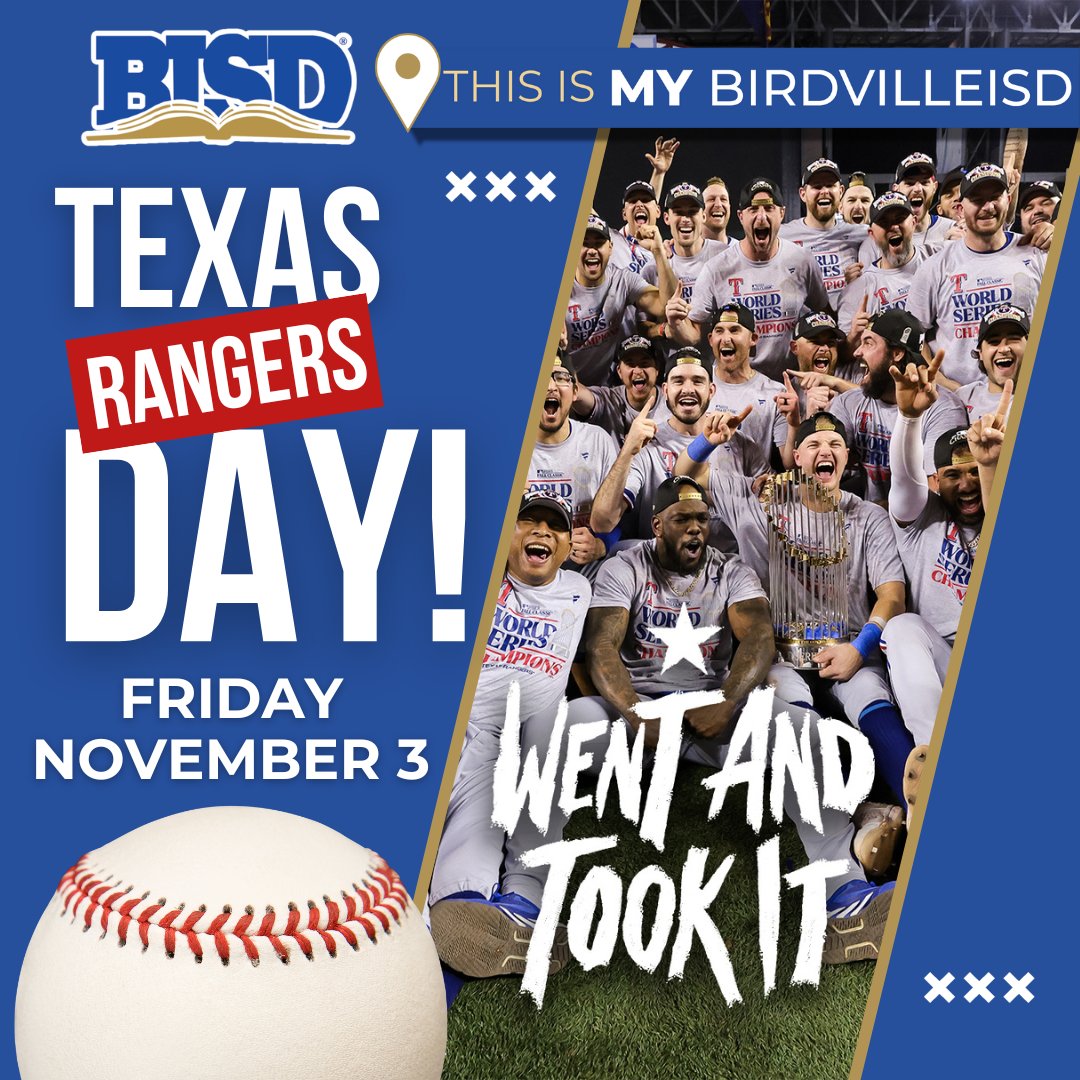 🎉🌟 Attention Birdville ISD Students and Staff! 🌟🎉 Friday, Nov. 3 is a regular school day in Birdville ISD and it's also Texas Rangers Day! Wear your Texas Rangers shirts/colors and help us celebrate the World Series Champions throughout our District! 💙
