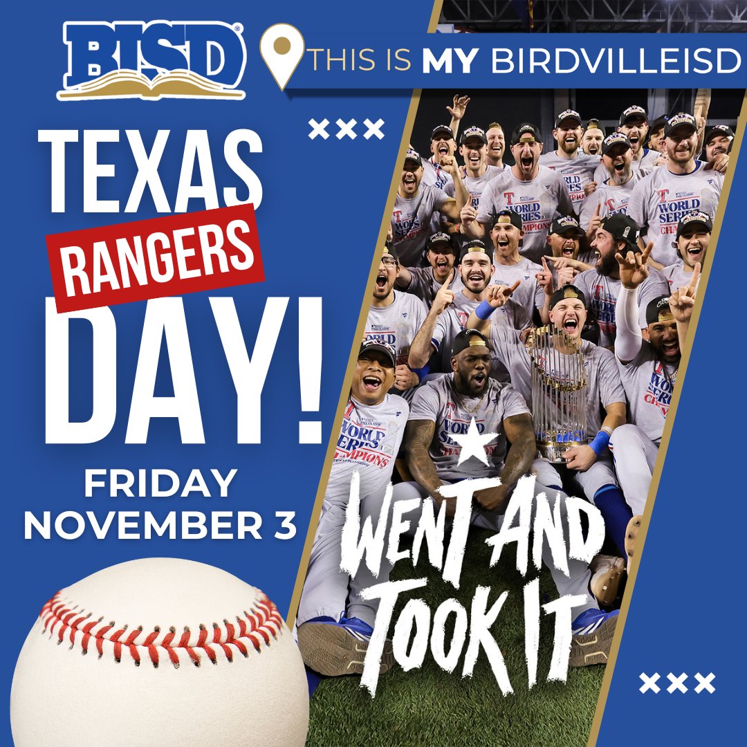 🎉🌟 Attention Birdville ISD Students and Staff! 🌟🎉 

Friday, Nov. 3 is a regular school day in Birdville ISD and it's also Texas Rangers Day! Wear your Texas Rangers shirts/colors and help us celebrate the World Series Champions throughout our District! 💙