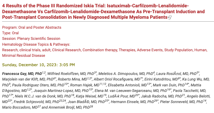 kansagraMD's tweet photo. Plenary Session #mmsm
IsaKRD vs. KRD in Transplant eligible #MultipleMyeloma
Prim Endpoint: MRD -ve by NGS 10-5 after consolidation
Excited to hear more at #ASH23 #FrancescaGay et al, and how we implement in clinical practice ! https://t.co/rEd2HrjmVz