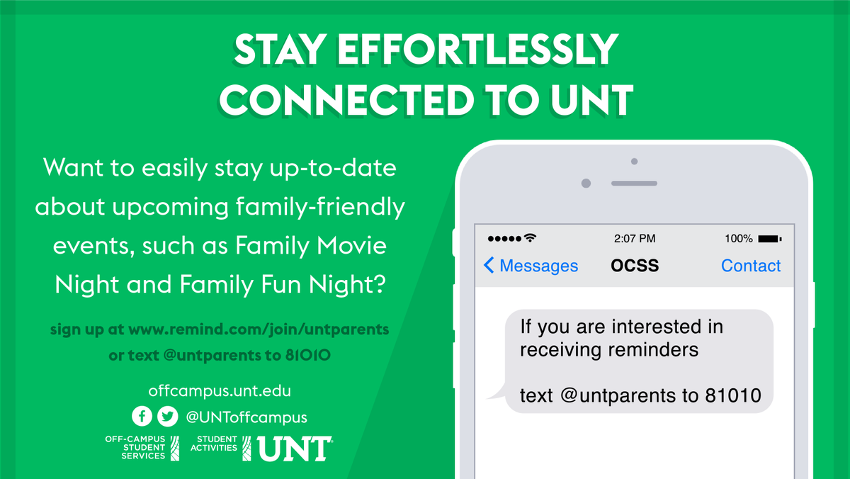 UNToffcampus's tweet photo. Got kids? Receive up-to-date information and updates on any upcoming family-friendly events happening at #UNT! Text @untparents to 81010 and receive text messages on upcoming events like Family Fun Night. https://t.co/W6QspBLhEE