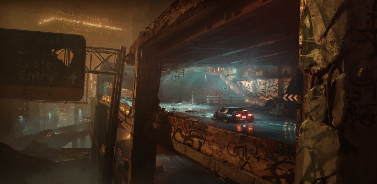 During the first blockout attempt of Midnight Ride, I was tasked with concepting out specific parts of the 'track' to get a feel for the mood of the city outside of the tower. This was cool spot cuz it was the only part that was a stacked highway forming an interesting tunnel.