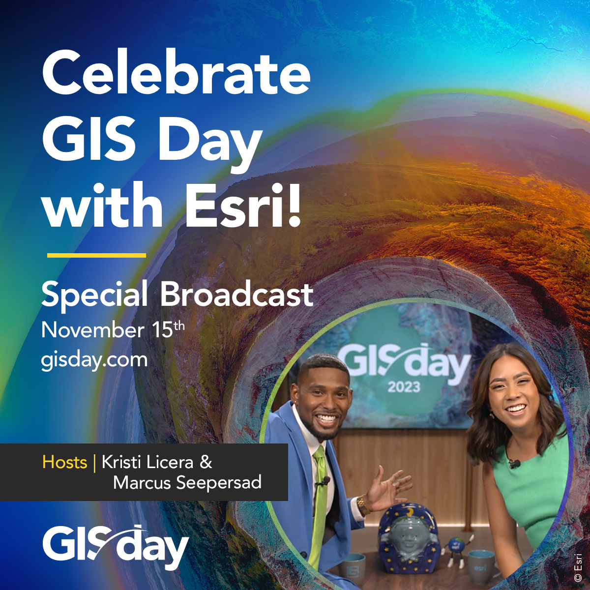 Esri's tweet image. GIS Day is almost here, and we can&apos;t wait! 🙌🏽 Join us for a special broadcast on November 15 at GISDay.com for a series of videos highlighting the incredible work of geospatial professionals across the globe. 

#GISDay2023 #GIS