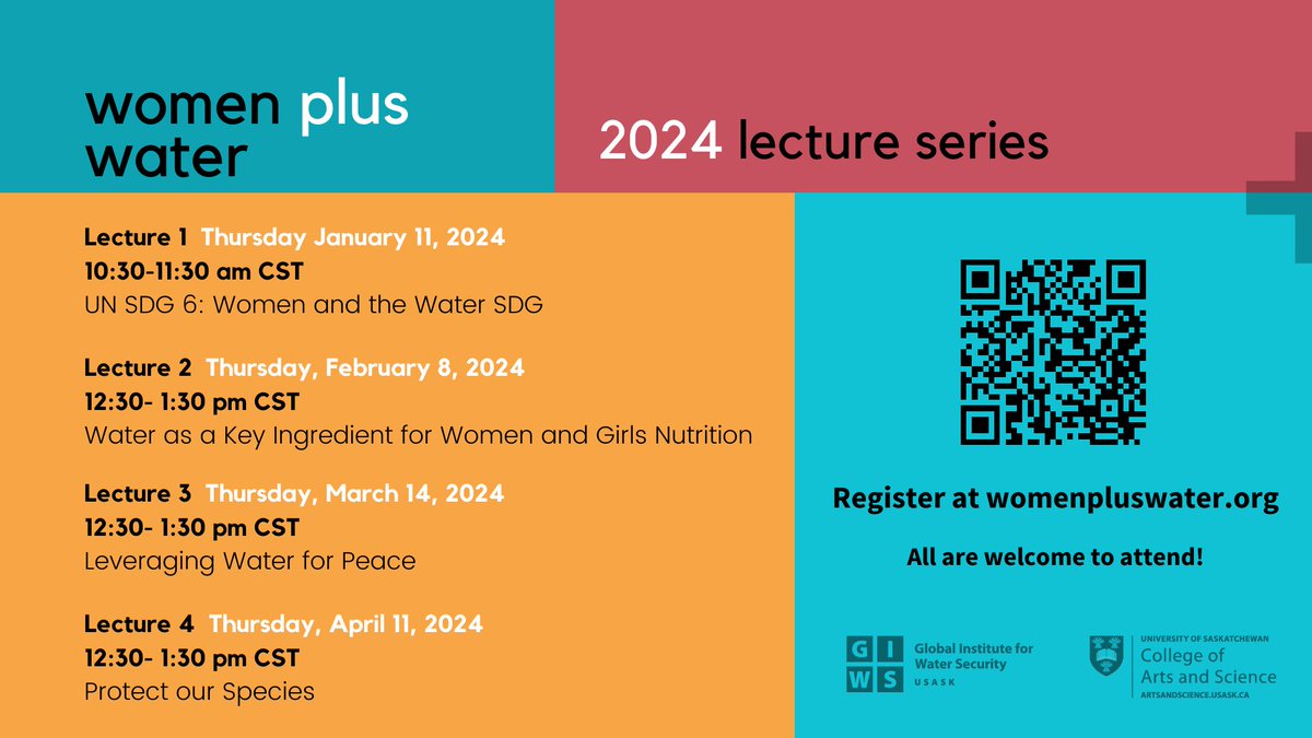 WomenPlusWater's tweet photo. We're excited to announce our 2024 #WomenPlusWater Lecture Series schedule! We have some phenomenal guests lined up to chat about various #Water topics - all are welcome to attend.

For more information about each lecture and to register, visit https://t.co/fb8D8oBy16 https://t.co/EPEf7nkDcc