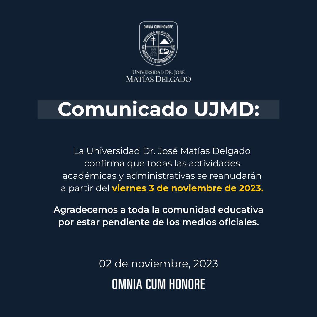 📌 Comunidad UJMD informamos sobre la reanudación de las actividades académicas y administrativas a partir de mañana viernes 3 de noviembre. 

Agradecemos haber estado al pendiente de los medios oficiales.
