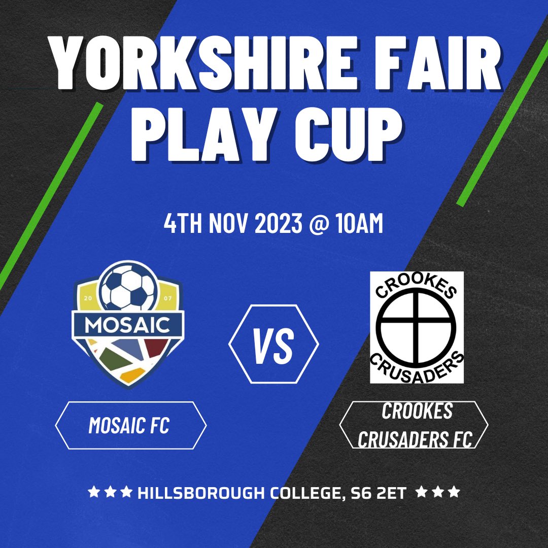 MosaicCLFC (@mosaicclfc) on Twitter photo Mighty Mosaic got a change of scene Saturday, playing in their first game in the YorksFair Play Cup vs Crookes Crusaders in Sheffield.
Can’t wait to test ourselves and represent the <a href="/WestYorks_FPL/">West Yorks Fairplay League</a> against teams from an established league in the Sheff District Fair Play League. Mighty Mosaic got a change of scene Saturday, playing in their first game in the YorksFair Play Cup vs Crookes Crusaders in Sheffield.
Can’t wait to test ourselves and represent the <a href="/WestYorks_FPL/">West Yorks Fairplay League</a> against teams from an established league in the Sheff District Fair Play League.