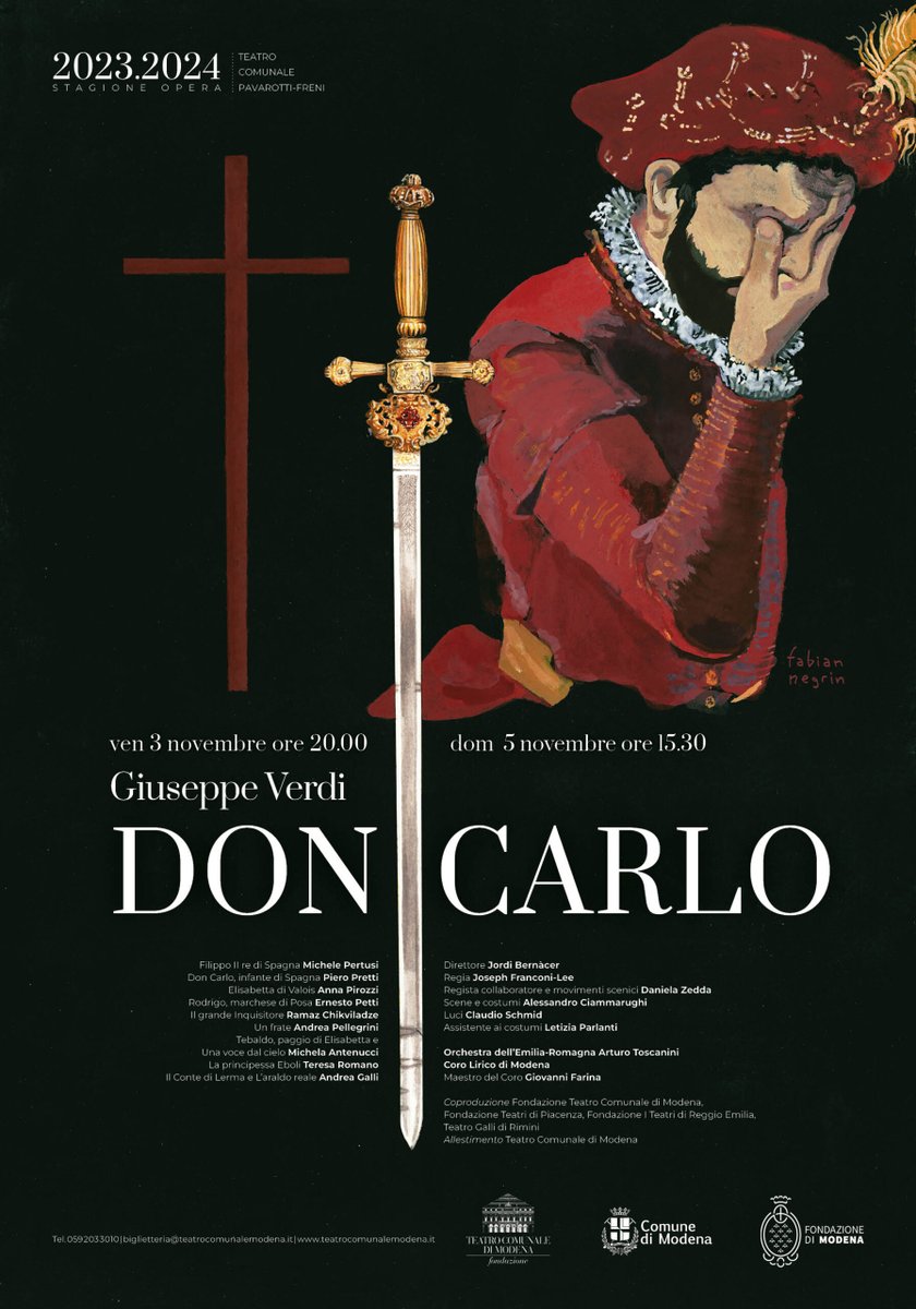 Il sipario del #TeatroPavarottiFreni si apre stasera sul #DonCarlo! L'opera monumentale di #Verdi è proposta nella versione di ‘Milano’ in 4 atti!

Don Carlo #PieroPretti
Rodrigo #ErnestoPetti
Principessa Eboli #TeresaRomano
Un frate #AndreaPellegrini👇
teatrocomunalemodena.it/spettacolo/don…