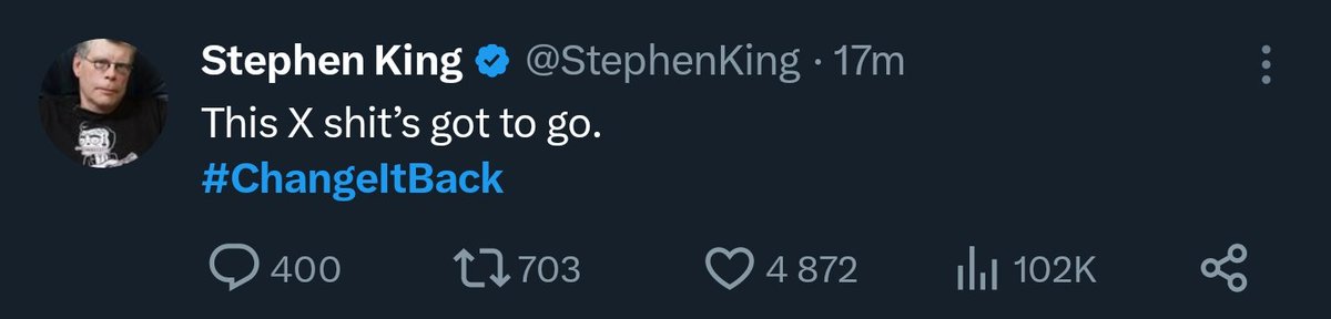 hhdalaibokdrol's tweet image. Halle-fucking-lujah.
🙏🏻👐
Yeah sure, @elonmusk has enough "fuck you money" to not give a damn about the opinions of us minions, but this "X" thing is the most idiotic ketamine-induced bullshit idea he's ever had.
#ChangeItBack
@X
@twitter
@StephenKing