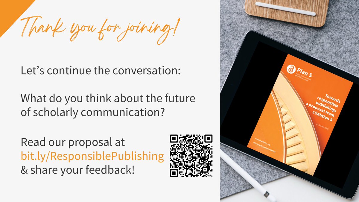 cOAlitionS_OA's tweet photo. Wrapping up the #PlanS5 webinar with a call from @marcschiltz1 for all stakeholders in #ScholarlyCommunication to voice their opinions on @cOAlitionS_OA's recent 'Towards #ResponsiblePublishing' proposal.
Your input matters!
https://t.co/bu1LKFUwZD #Plan_S https://t.co/rUmzIKgP7B
