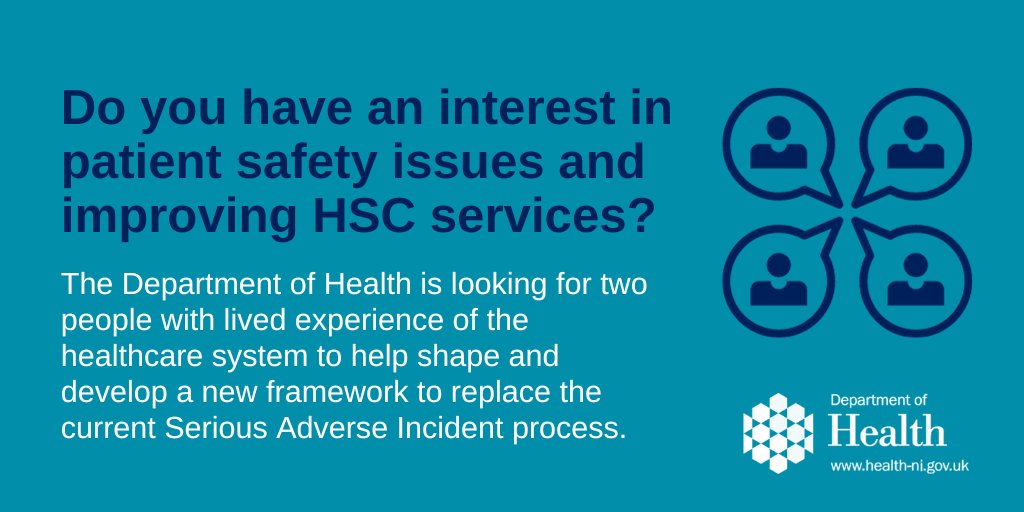 The Department is seeking two service user, carer or family representatives to help with the redesign of the Serious Adverse Incident process.

🗓️ Closing date: 22 November

Find out more information and apply at: consultations2.nidirect.gov.uk/doh-1/recruitm…