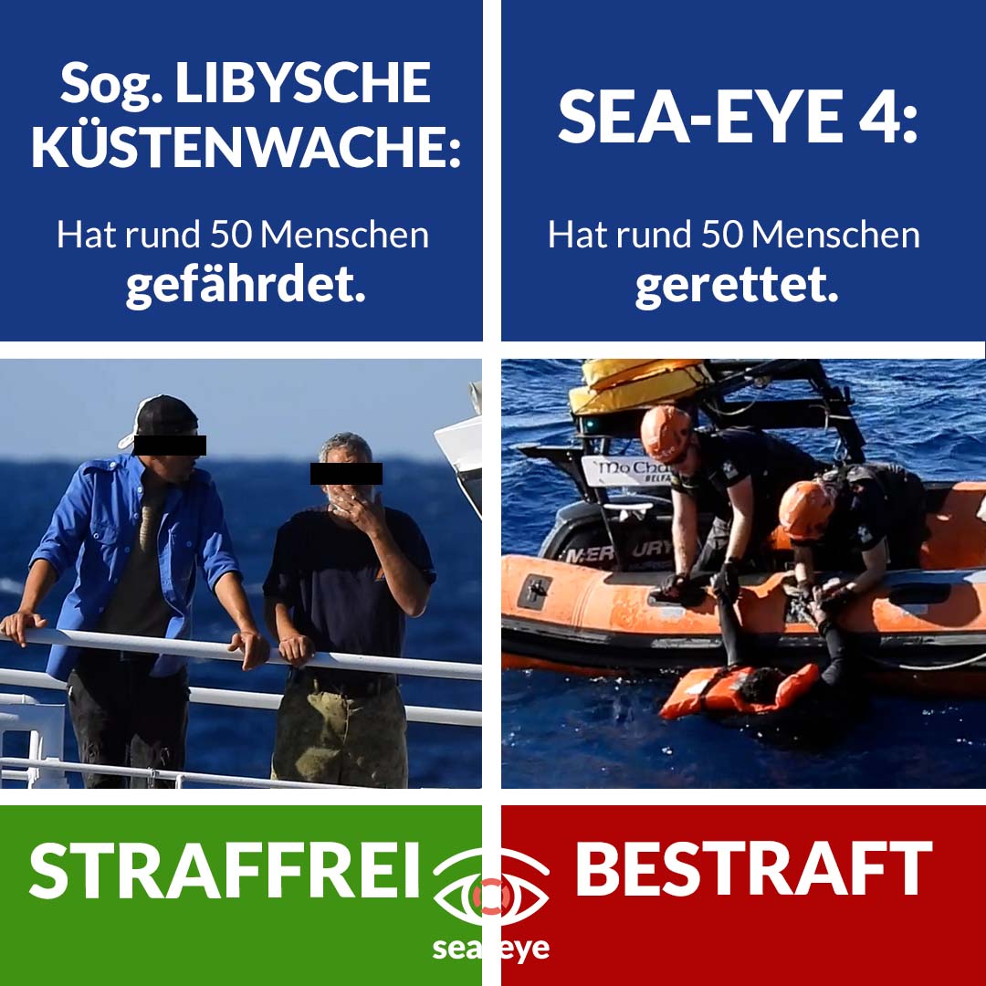 😡 Die sog. libysche Küstenwache versetzte die flüchtenden Menschen in Panik, viele stürzten ins Wasser. Die Milizen standen rauchend an der Reling, während wir den Menschen zur Hilfe eilten. Aber nicht sie, sondern WIR werden jetzt von Italien bestraft ?! Wir werden klagen.