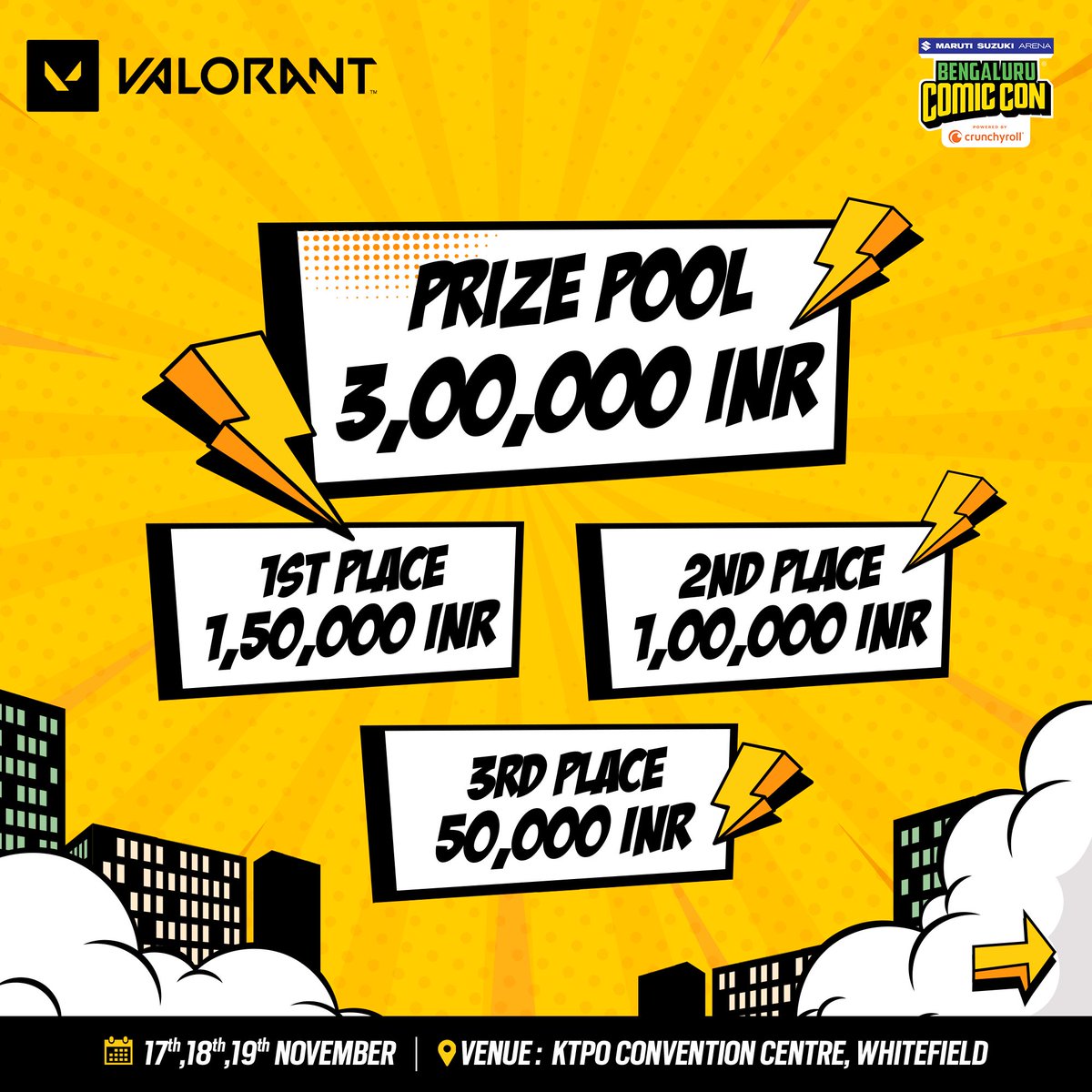 TheEsportsClub1's tweet photo. Get ready for the ultimate showdown in Bengaluru! 
Join the online qualifiers from Nov 6th to 10th and secure your spot for The Arena Championship - Valorant at Maruti Suzuki Arena presents Bengaluru Comic Con powered by Crunchy roll. 

Don't miss out on the chance to win a share of the INR 3,00,000 prize pool!
Top 4 teams will battle it out LIVE at Bengaluru Comic Con from Nov 17th to 19th. 
Register now via the link in our bio to showcase your skills at the Arena!

#ComicConIndia #LENOVO #TheEsportsClub #BengaluruComicCon #Valorant #ValorantChampionship #Gaming #Gamers #Esports #TheArena #Arena