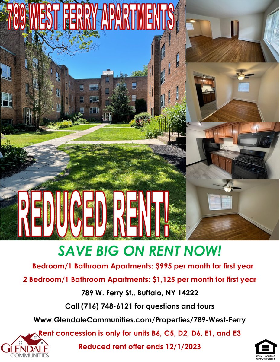 RENT CONCESSION: Limited time only rent special for 1 and 2 bedroom apartments at 789 W. Ferry in Buffalo, New York.

1 bed/2 bath = $995/month for first year
2 bed/2 bath = $1,125/month for first year

Call (716) 748-6121 today!

Offer ends 12/1/2023