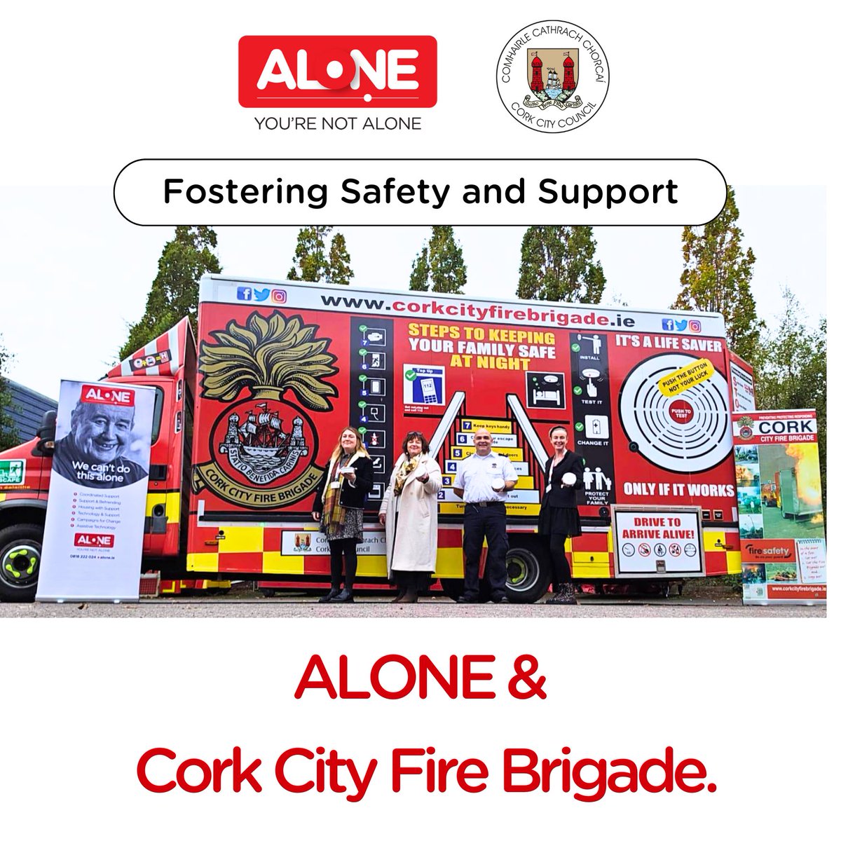 ALONE's CHO 4 team members in Cork, worked with Cork City Fire Brigade, creating the Smoke Alarm Initiative. 🚨578 alarms given to 303 Older Persons. #Community #FireSafety 🤝 @CorkCityFire