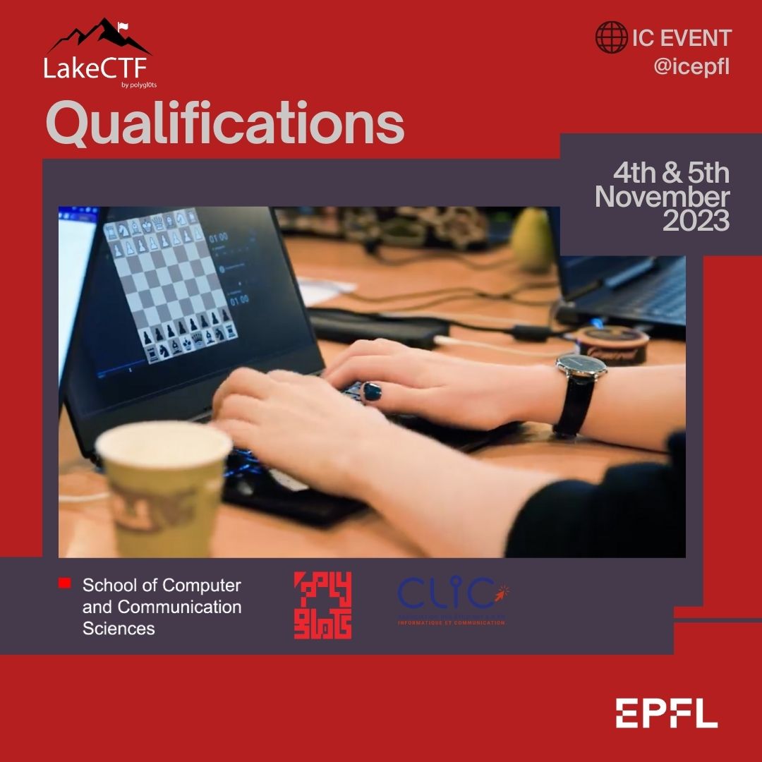 LakeCtf's tweet image. Come register for the second edition of LakeCTF by @polygl0ts, qualify for the in-person finals and an exclusive invitation to @EPFL_en ! (Unintended solves only).
📣Quals this Saturday! Nov. 5th &amp;amp; 6th. 
👉lakectf.epfl.ch
@ICepfl #LakeCTF