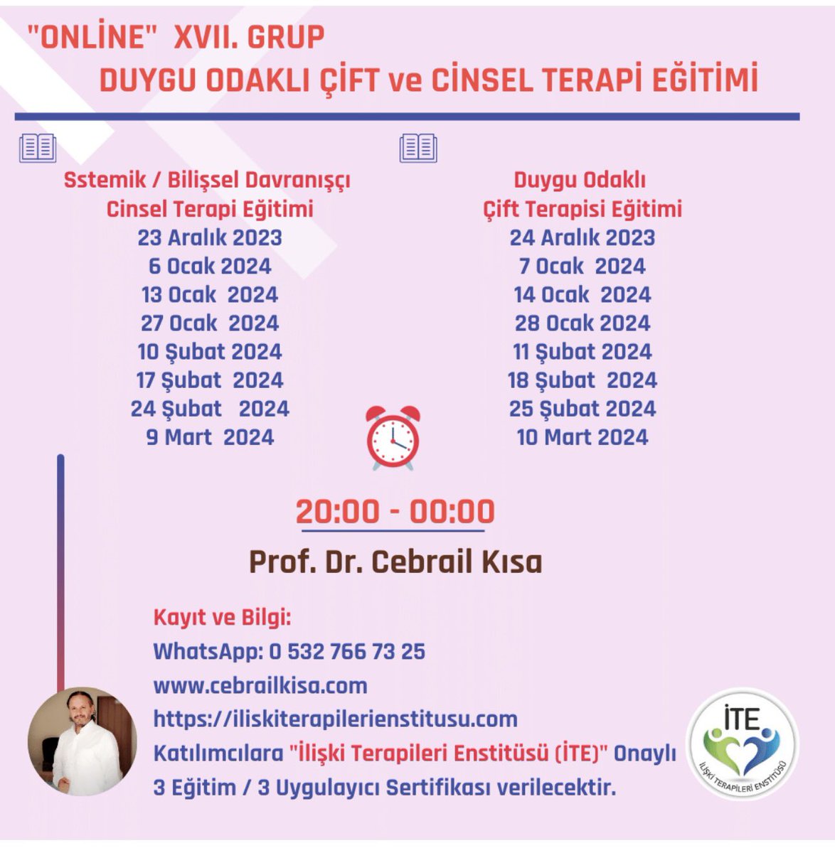YENİ EĞİTİM GRUBU İÇİN KAYITLAR AÇILDI !!
 XVII. GRUP
ONLİNE-UZAKTAN EĞİTİM “DUYGU ODAKLI ÇİFT ve 
CİNSEL TERAPİ EĞİTİMİ” 23-24 ARALIK 2023’de BAŞLIYOR.