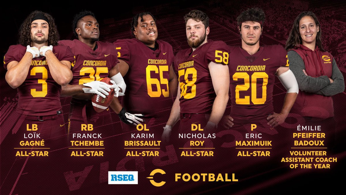 The_Stingers's tweet image. 5️⃣ RSEQ All-Stars! 👏

Plus, Volunteer Assistant Coach of the Year! 

An outstanding season for @Concordia_FB !

#CUstingers #CUfootball