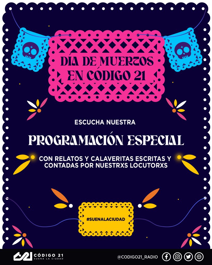 codigo21_radio's tweet photo. ¡Es #DíaDeMuertos y tenemos algo especial para ti! 🎃💀

Checa lo que hemos preparado para honrar este día: tendremos desde relatos de horror hasta música y calaveritas hechas por nuestrxs conductorxs. 

¡Sintoniza ya! 
🏵️https://t.co/5Xi3ppWOZh
🏵️https://t.co/3q5SDj3i2z https://t.co/gPpThIwBL3