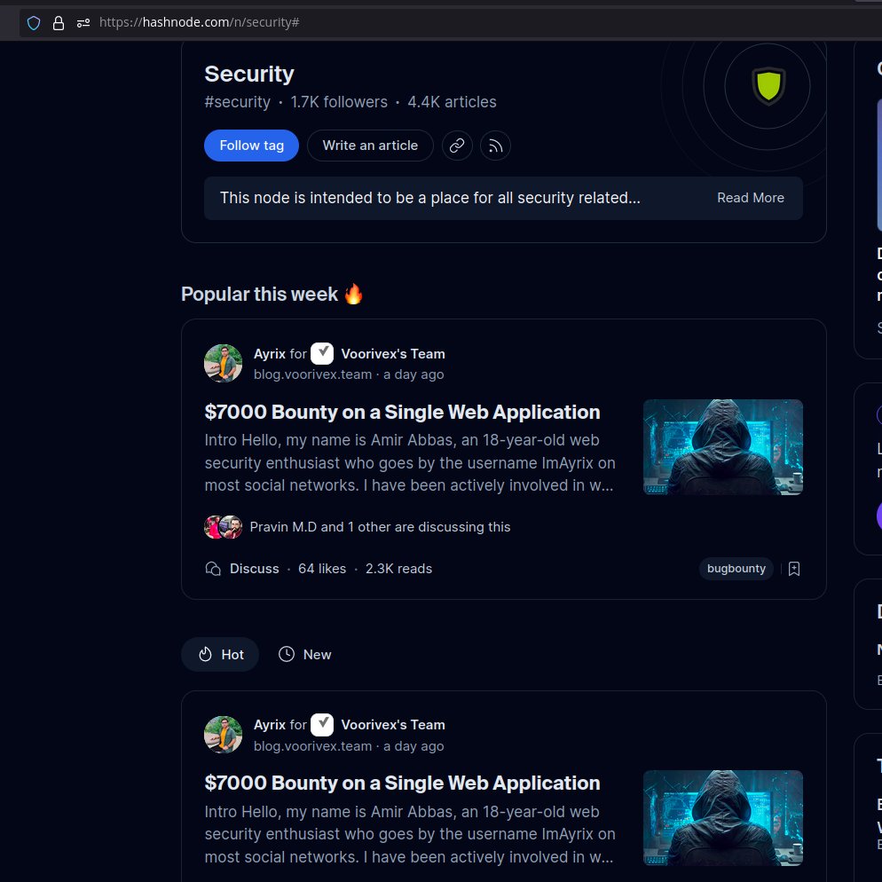 ImAyrix's tweet image. Hello, everyone! I want to express my heartfelt gratitude for all the wonderful support you've shown for my recent blog post. My blog post has gone viral and is currently the top-ranked blog post under the following @Hashnode tags:
#security #web_application_security #bugbounty
