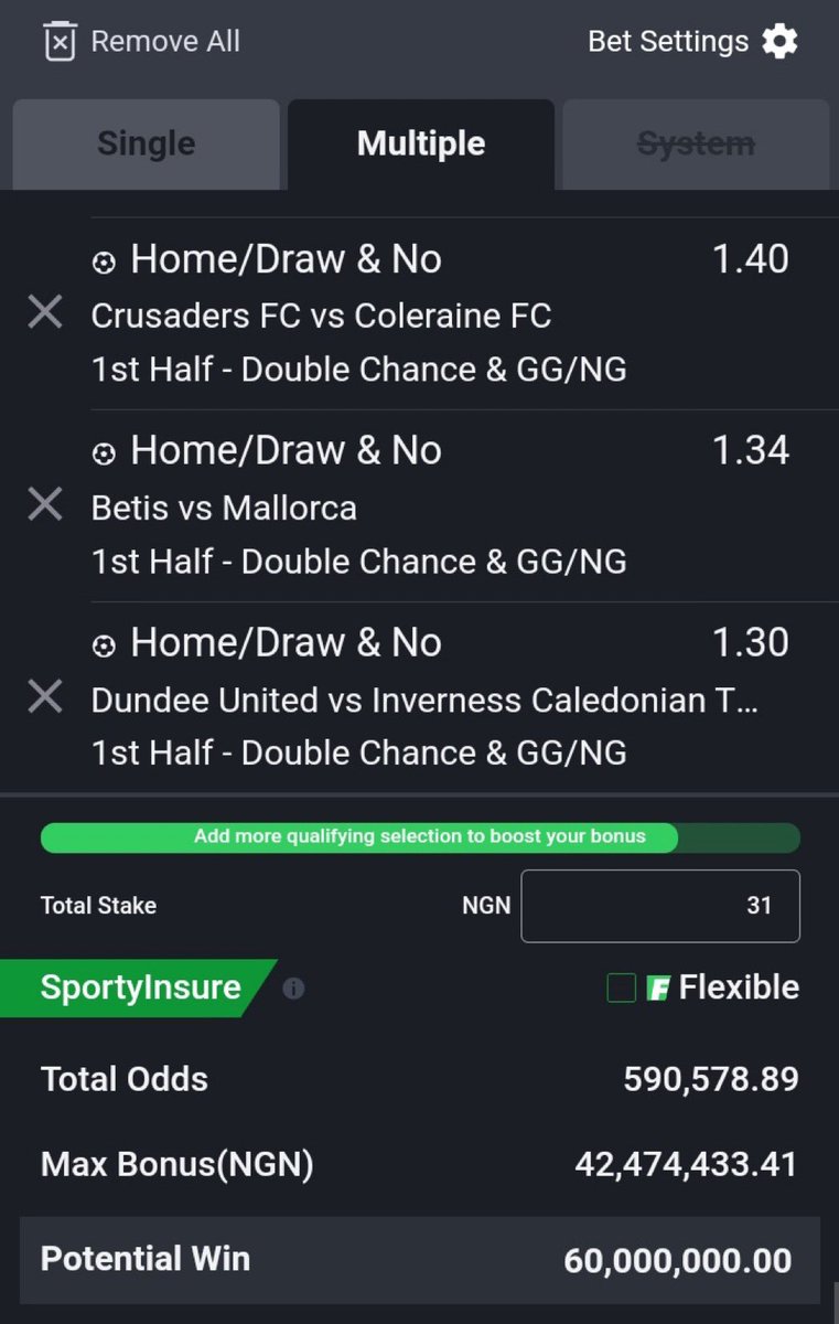 FoluboiNg's tweet image. Another option discovered in this first half option  , Sportybet go die this week  
600k odds Friday to Sunday 300retweets and I drop ! You snooze you lose !