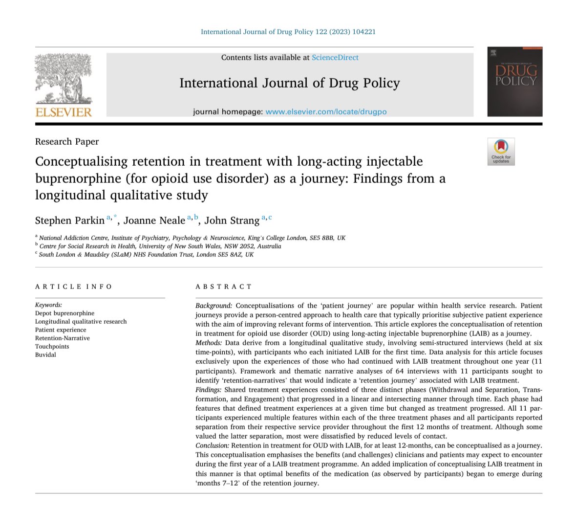 ijdrugpolicy's tweet photo. “Conceptualising retention in treatment with long-acting injectable buprenorphine (for opioid use disorder) as a journey: Findings from a longitudinal qualitative study” by Stephen Parkin, @Jo_S_Neale, &amp; John Strang via @ijdrugpolicy. 

Link: https://t.co/vjyvyxDad2

#DrugPolicy https://t.co/IECwWDqbHn