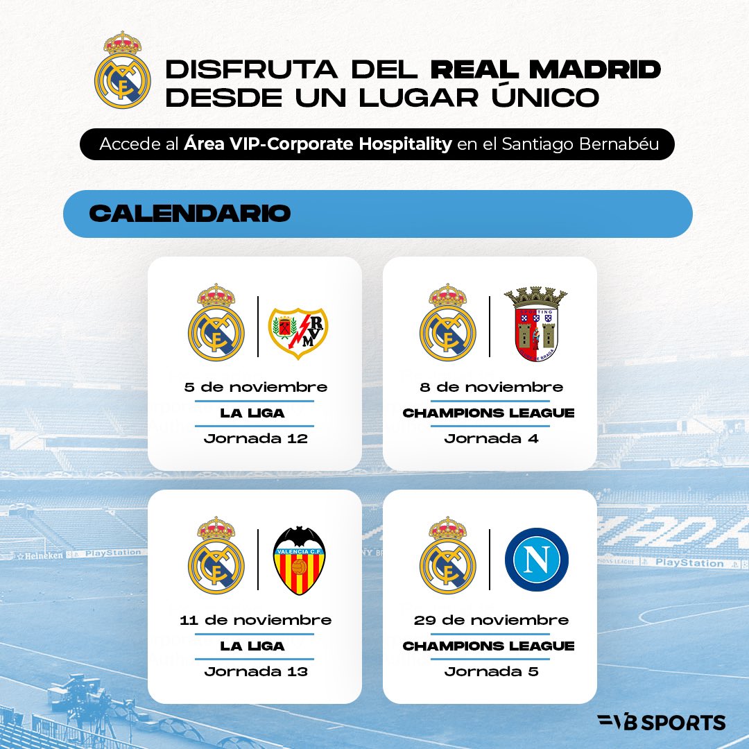 ¡Estos son los próximos partidos de local del Real Madrid! 👑

Accede a un lugar exclusivo en el Área VIP-Corporate Hospitality del Santiago Bernabeu y vive una experiencia única viendo al máximo campeón de Europa 🇪🇸

Contáctanos en vbsports.es 📩