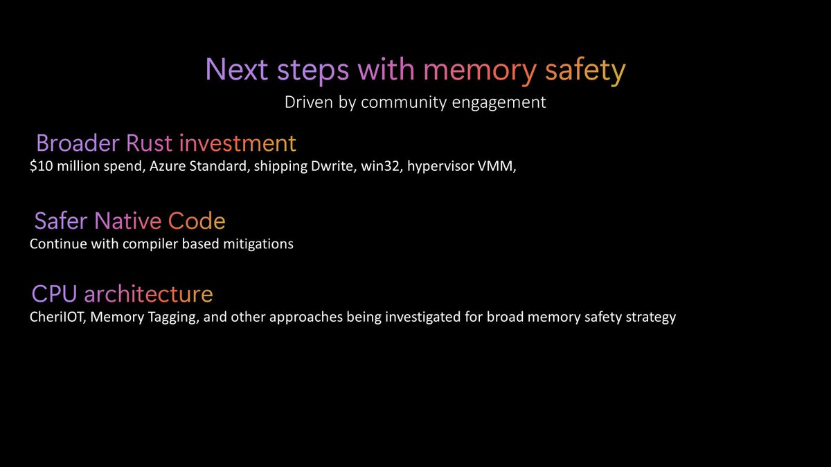 Had a great time doing a keynote at <a href="/ProssimoISRG/">Prossimo</a> on Microsoft approach to memory safety.  

Made a huge announcement - @microsoft is going big on Rust and spending $10 million to make it 1st class language in our engineering systems + $1 million <a href="/rustlang/">Rust Language</a> foundation.