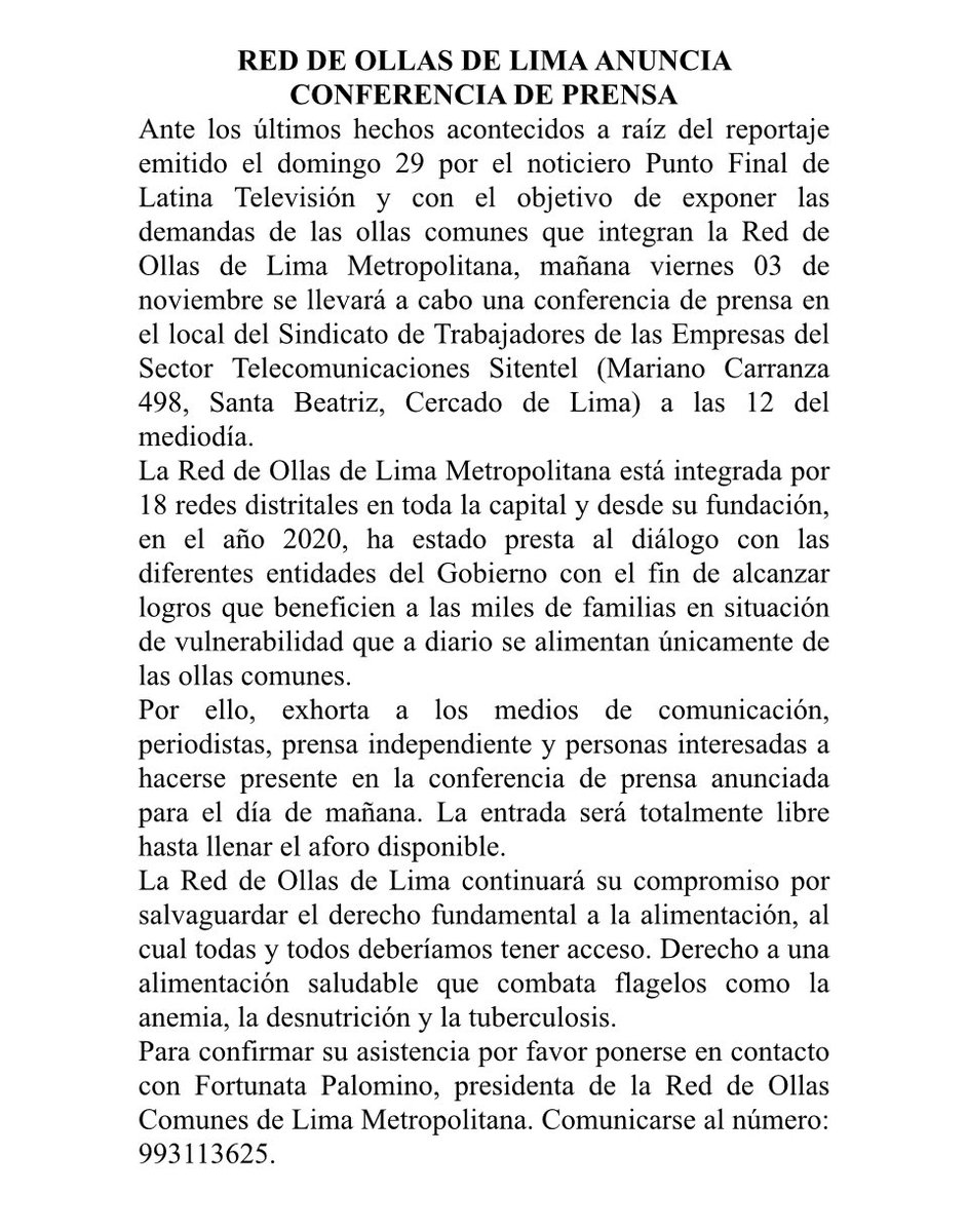 ollascomunes_pe's tweet photo. CONVOCAMOS A TODOS LOS MEDIOS DE COMUNICACIÓN A NUESTRA CONFERENCIA DE PRENSA! 

PORQUE AQUÍ HABLAMOS CON LA VERDAD, Y NO VAMOS A PERMITIR QUE TRATEN DE MANCHAR NUESTRO NOMBRE Y ATENTAR CONTRA EL DERECHO A LA ALIMENTACIÓN DE MILES DE PERUANOS! https://t.co/4dWeiqjbOq