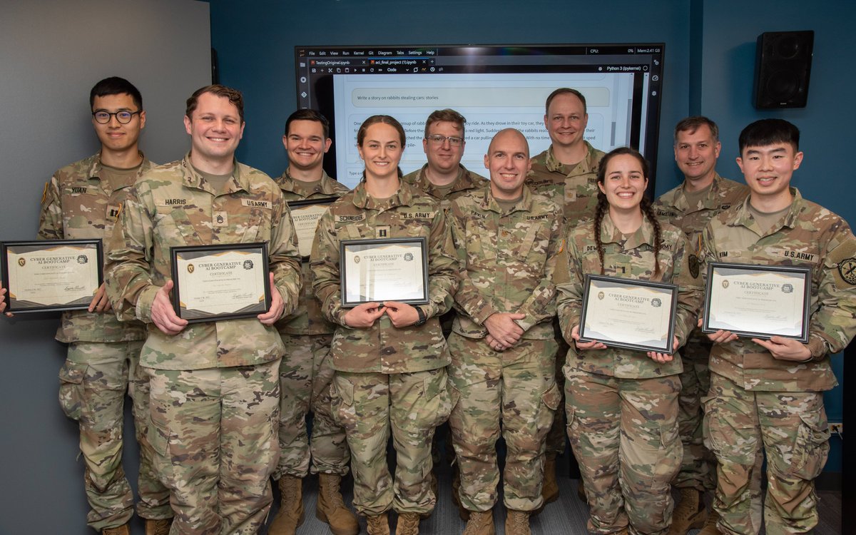 Last week, ACI taught soldiers from 780th about, and how to use, Generative AI at a first-of-its-kind bootcamp! Thanks to MAJ John Pavlik, CPT Sean Coffey & MAJ Iain Cruickshank from ACI for teaching about Large Language Models, prompt engineering & multi-modal generative AI.