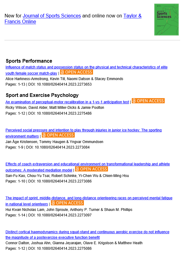 Journal of Sports Sciences (@jsportssci) on Twitter photo Multiple new #OpenAccess articles are online now, with the weblink in the post👇👇
Sports #Performance - edited by <a href="/ProfSimonJobson/">Simon Jobson</a>,<a href="/jb_morin/">JB Morin</a>,<a href="/BrocherieF/">Franck Brocherie 🏒🏉👟↔️🏔️☀️↔️💪🩸🫀</a>,<a href="/ric_lovell/">Ric Lovell</a>,<a href="/craig_twist/">Craig Twist</a> and co-workers
Sport and Exercise #Psychology - edited by <a href="/robalolex/">Robin Jackson</a>,<a href="/DrPaulAppleton/">Dr Paul Appleton</a> and co-workers Multiple new #OpenAccess articles are online now, with the weblink in the post👇👇
Sports #Performance - edited by <a href="/ProfSimonJobson/">Simon Jobson</a>,<a href="/jb_morin/">JB Morin</a>,<a href="/BrocherieF/">Franck Brocherie 🏒🏉👟↔️🏔️☀️↔️💪🩸🫀</a>,<a href="/ric_lovell/">Ric Lovell</a>,<a href="/craig_twist/">Craig Twist</a> and co-workers
Sport and Exercise #Psychology - edited by <a href="/robalolex/">Robin Jackson</a>,<a href="/DrPaulAppleton/">Dr Paul Appleton</a> and co-workers