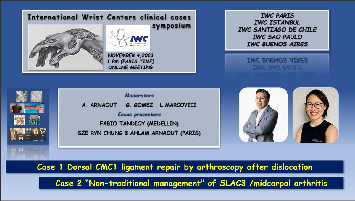 Halimatoune's tweet photo. NEXT IWC SYMPOSIUM IS SCHEDULED ON SATURDAY 👇
One case of dorsal CMC1 repair using arthroscopy presented by @FabioTandioy 
2 cases of "non-traditional" management of SLAC3 § midcarpal arthritis presented by @szerynchung 
Interesting debates are expected as usual 🔎
Free registration via the following Zoom link : https://t.co/Kj3IUw1IB9