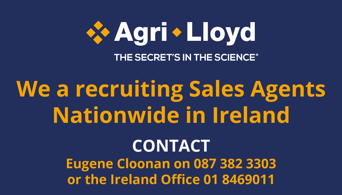 We are recruiting Agri-Lloyd Sales Agents to work across Ireland.  If you are interested in a career with Agri-Lloyd please contact Eugene Cloonan on 087 382 3303 or the Ireland Office on 018469011. #careers #recruitment #agriculturaljobs #irelandcareers