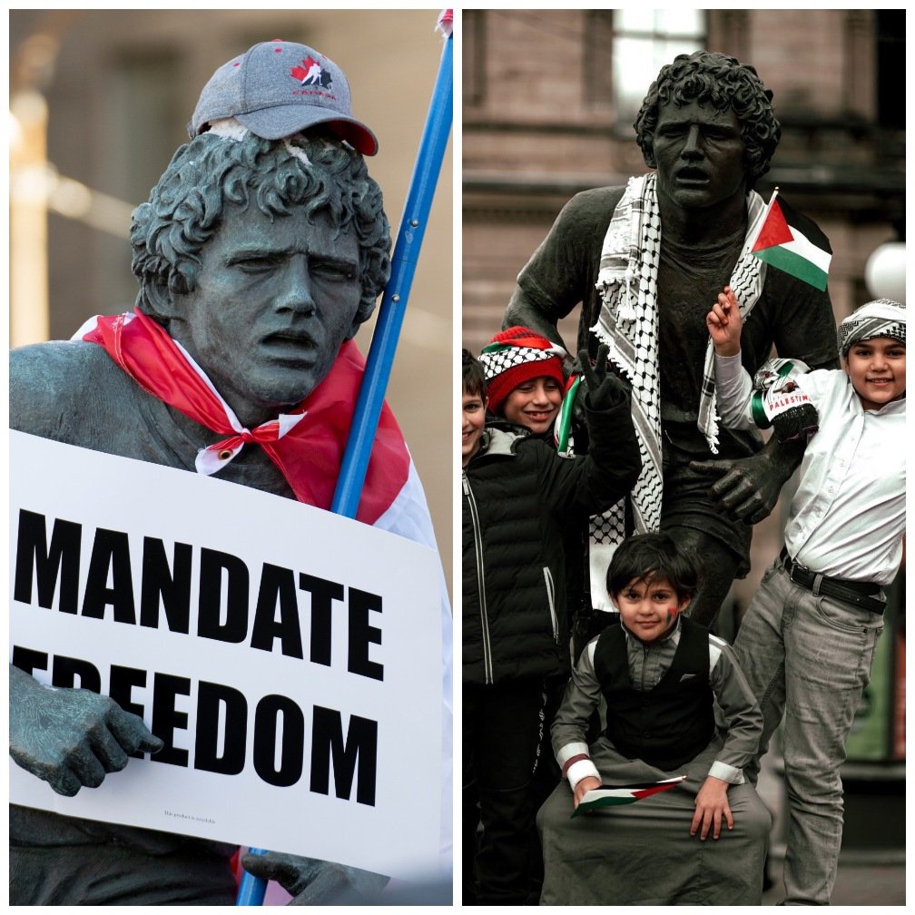 truckdriverpleb's tweet photo. Remember when the left had a nuclear MELTDOWN over the Terry Fox statue being "desecrated" during the Freedom Convoy

Terry Fox has since been wrapped in a Palestine scarf by pro Palestine protestors and the left is SILENT. Not a SINGLE WORD

The left are absolute HYPOCRITES https://t.co/NpPjGy1OVD