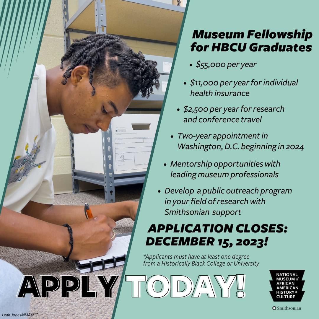 DrPreston1913's tweet photo. Calling #HBCU grads:
Explore these careers through a paid fellowship with the only national museum dedicated exclusively to the documentation of African American life, history and culture. Learn more here:  https://t.co/geJ7vtA3FL https://t.co/lOjxZwmlWy