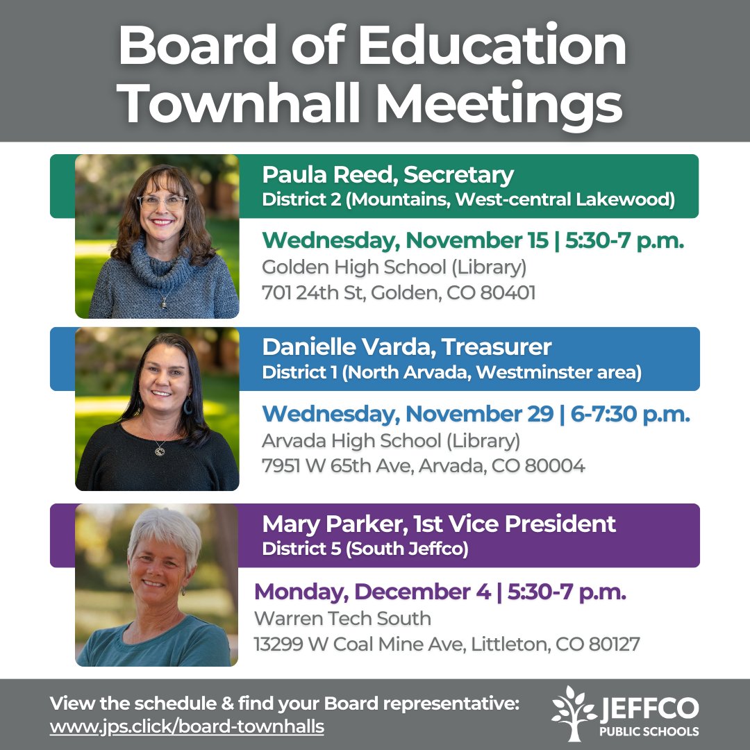 Join the Jeffco Board of Education representatives for 90-minute town hall meetings to get to know your area representative, learn about the Board’s goals &amp; understand their roles in districtwide initiatives! Find your representative &amp; more information at jps.click/board-townhalls.