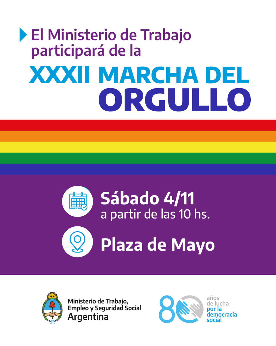 SecTrabajoAR's tweet photo. Te invitamos a visitar el stand del #MTEySS en la XXXII #MarchadelOrgullo 🌈

👉 Acercate a conocer los programas de #InclusiónLaboral y #FormaciónProfesional que tenemos para vos.

Te esperamos para celebrar entre todas y todos en Plaza de Mayo 🏳️‍🌈🏳‍⚧

#Orgullo2023 https://t.co/8g0kcHX1d9